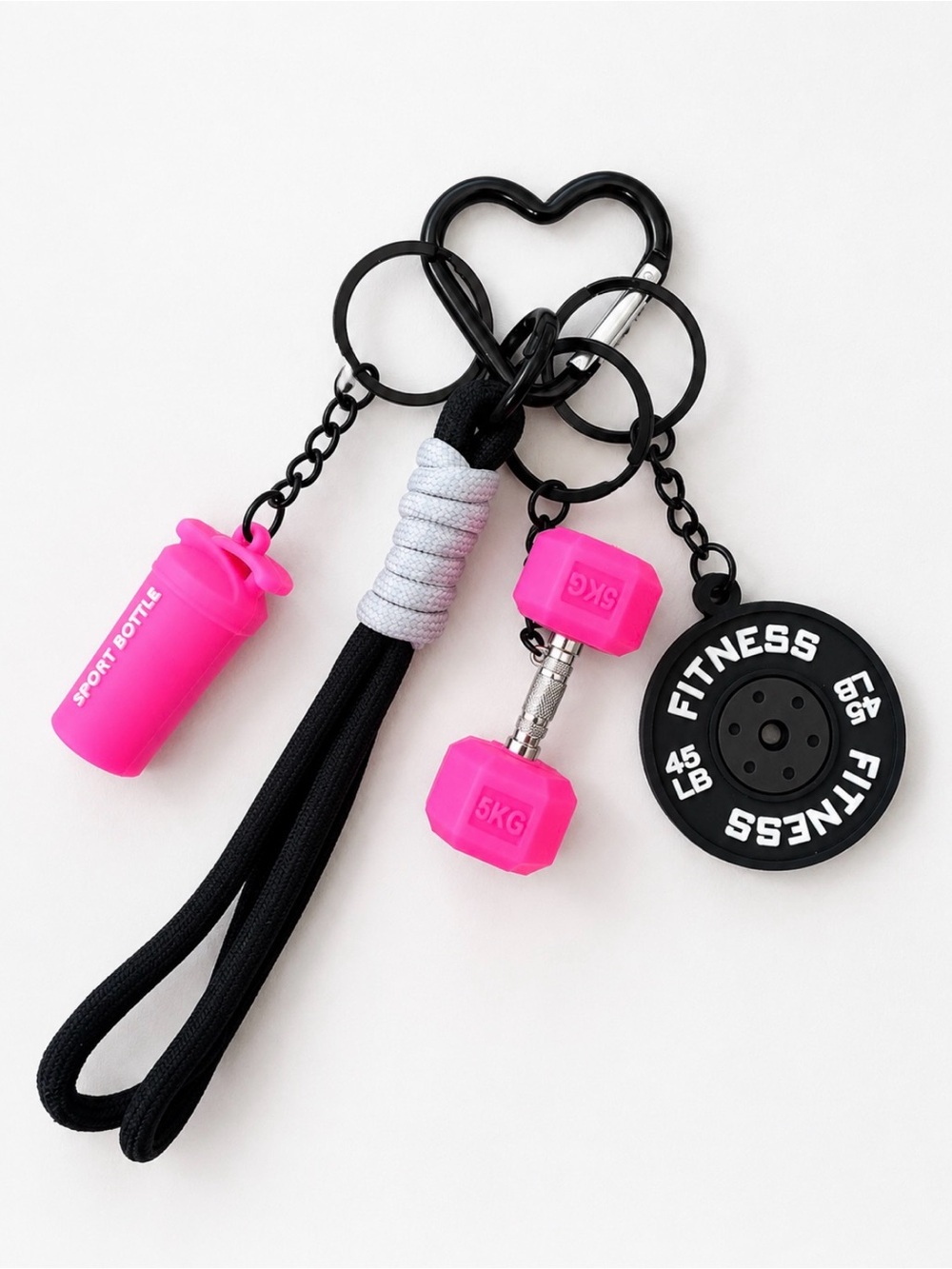 Pink Fitness Keychain Set with Dumbbell & Bottle Charm